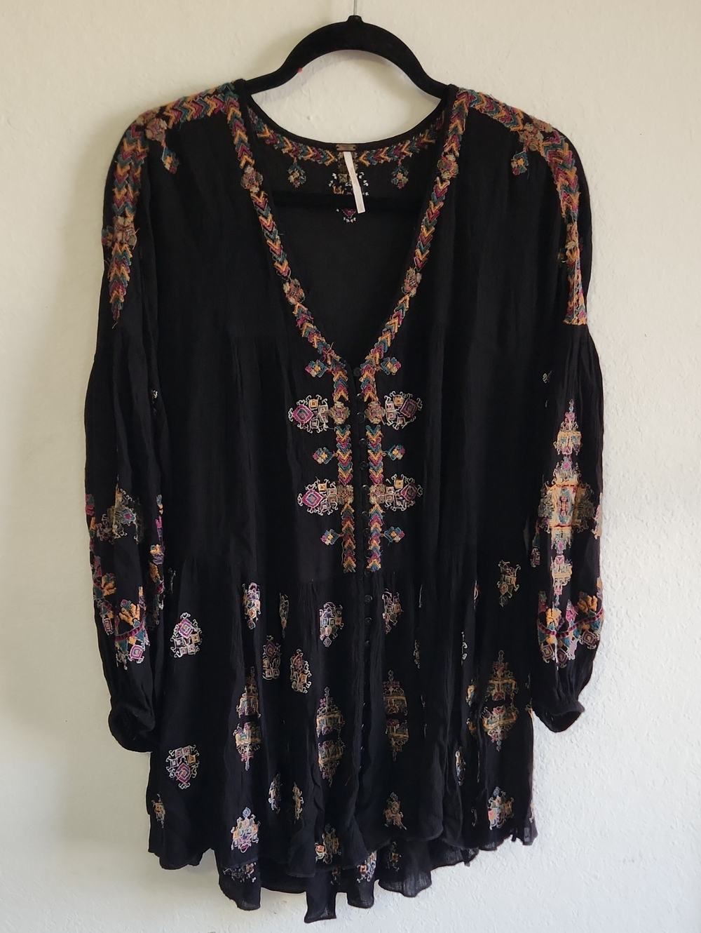 Boho Western Free People Black Embroidered V-Neck Tunic Mini Dress Top S